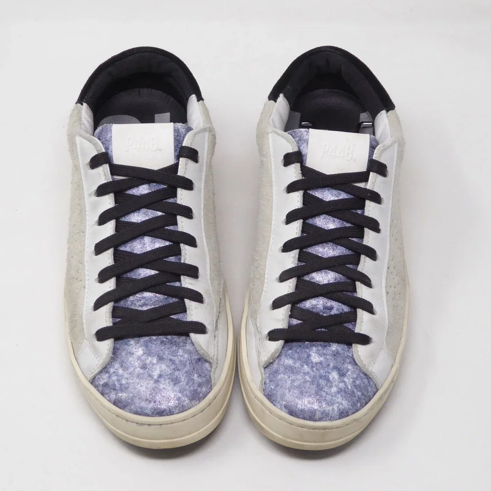 P448 Women Sneakers Shoes White Gray Blue Glitter John Low Top 38 / 7-7.5